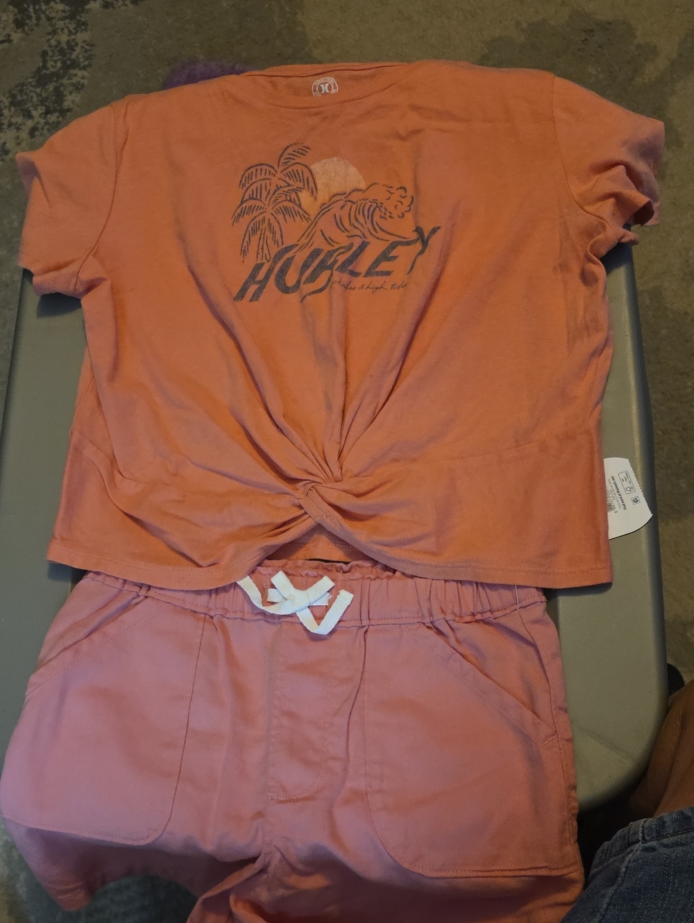 Girl's Hurley Coral Twist-Front Tee and 7/8 Wonder Nation Drawstring Shorts